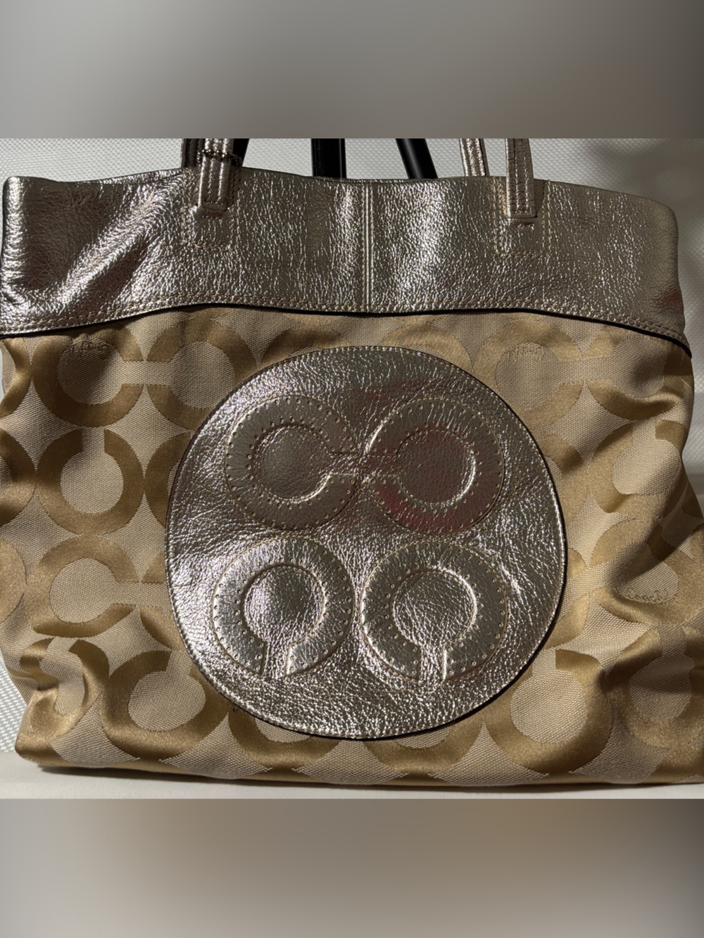 Coach Gold and Tan Signature Tote with Metallic Accents